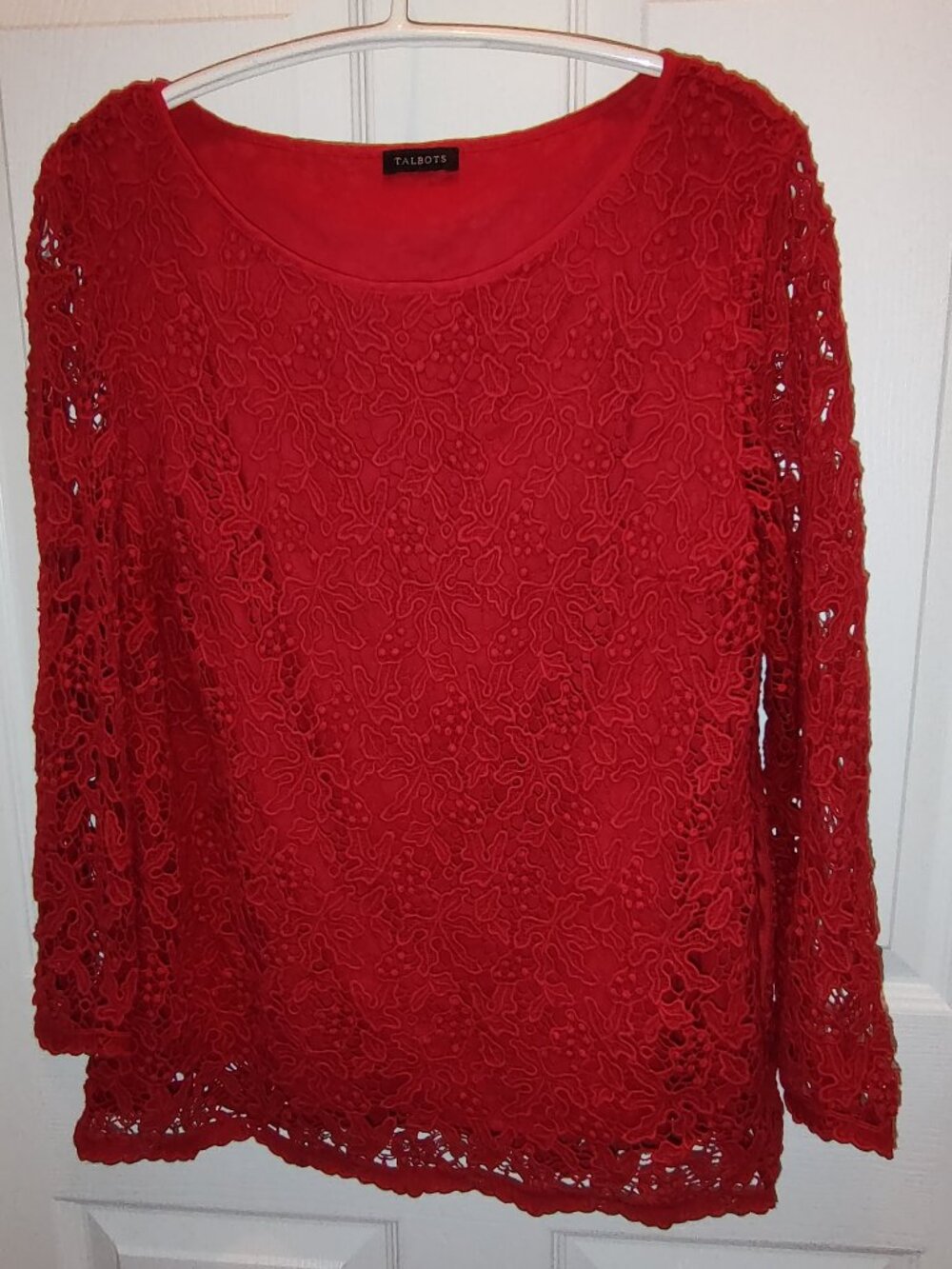 TALBOTS CORDED LACE TUNIC 100% COTTON CORDED LACE L/SLVS COTTON LINED RED SZ S-M